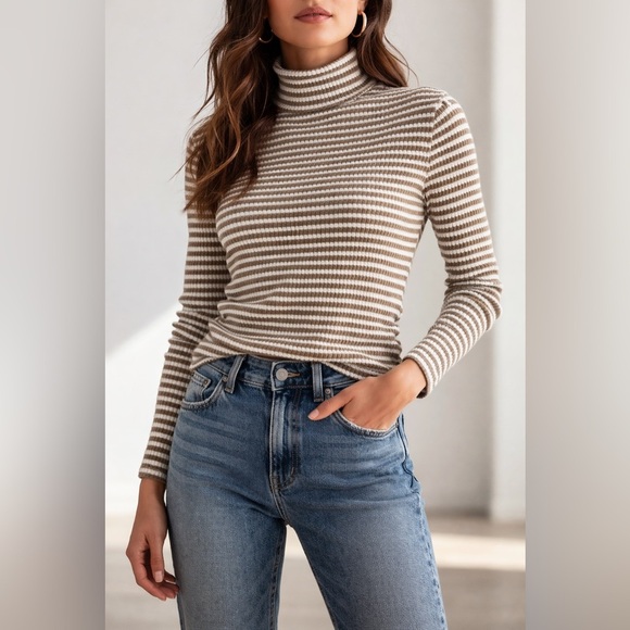 Tops - 350. Beige & White Striped Turtleneck Top